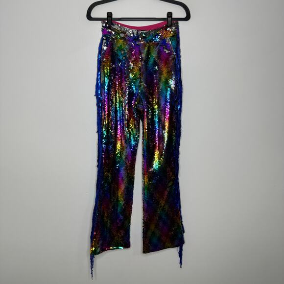 NWT NASTY GAL Rainbow Sequin Fringe Flare Pants US 4 - Picture 2 of 5